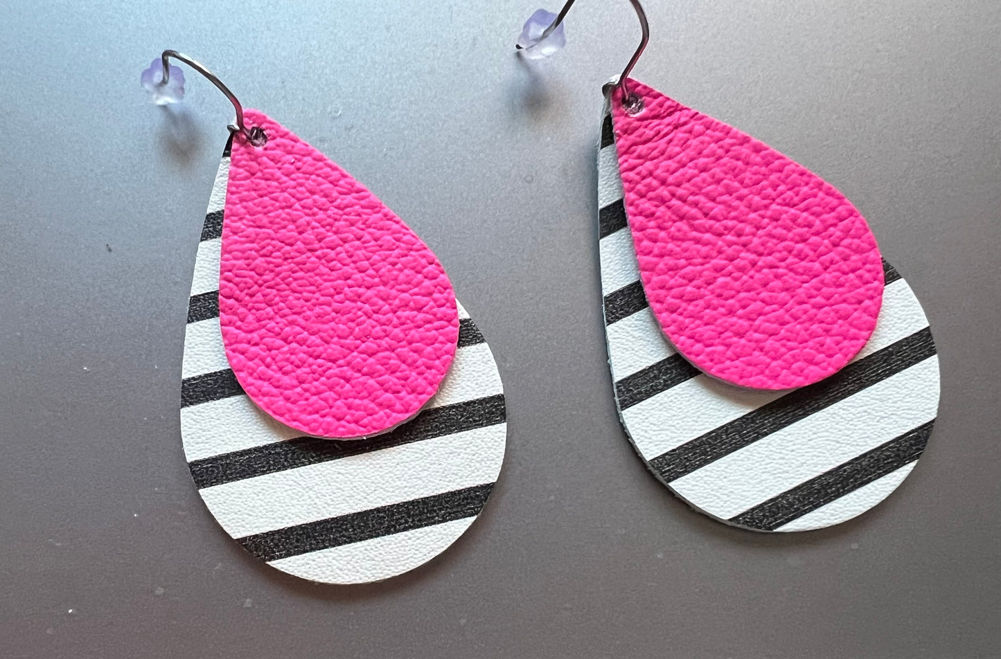 Barbie Hot Pink and Black/White Stripe Leather Earrings