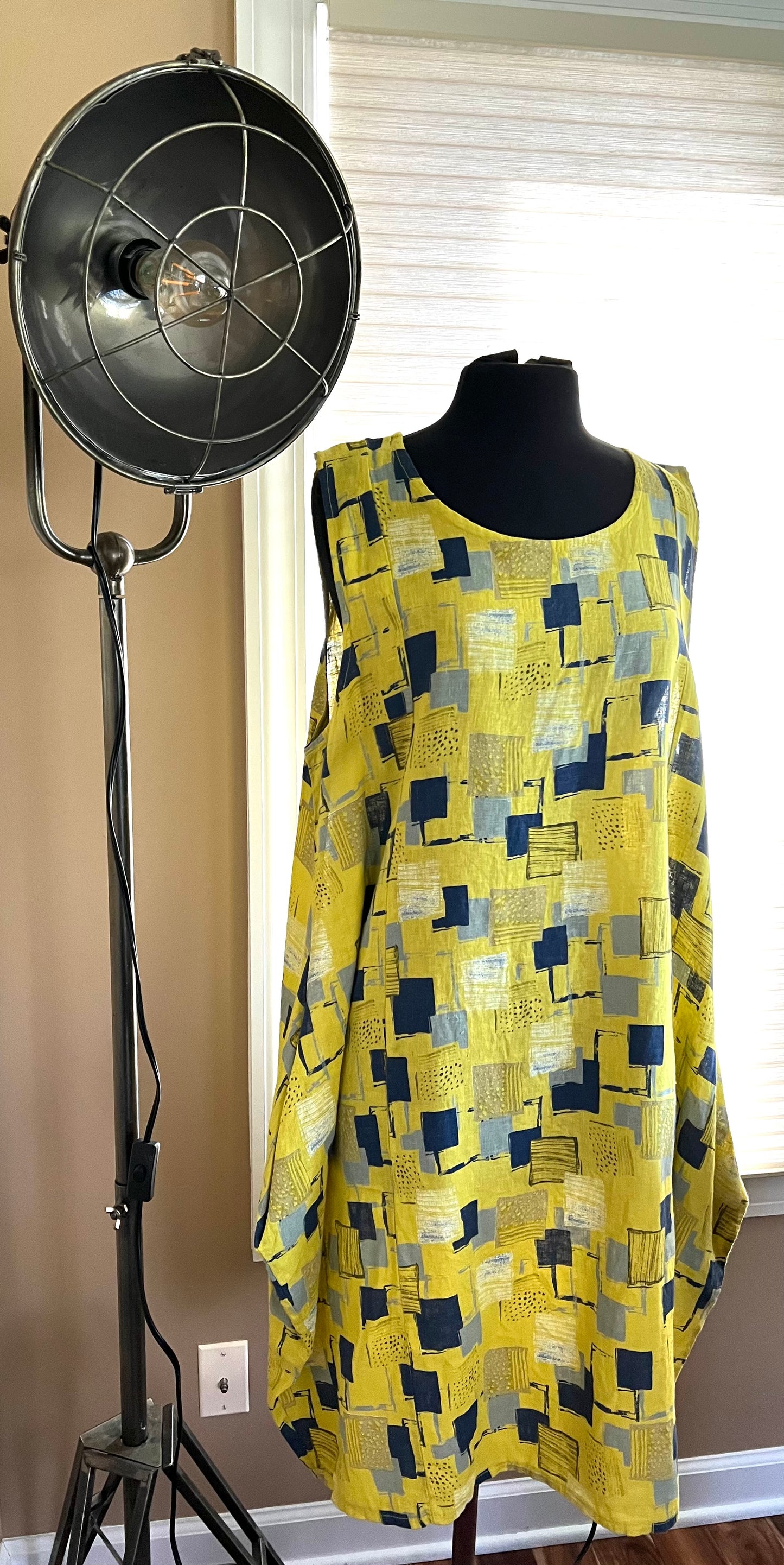 Bright Yellow and Blue Linen Dress