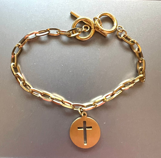 Gold Cross Toggle Bracelet in Stainless Steel