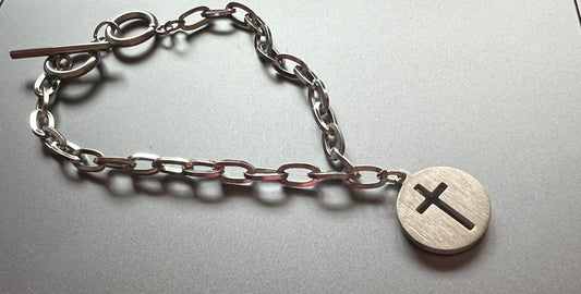 Silver Cross Toggle Bracelet in Stainless Steel