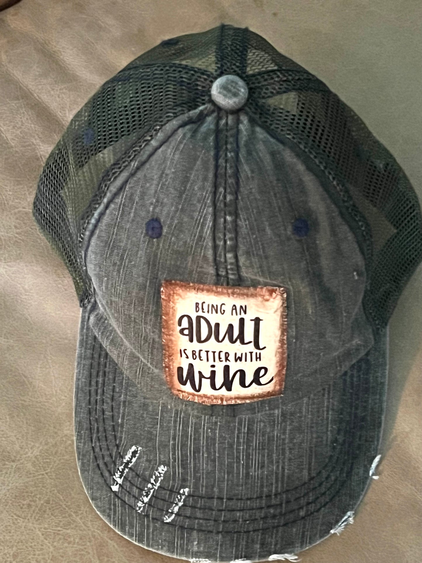 Being and Adult Is Better With Wine Distressed Ball Cap in Charcoal