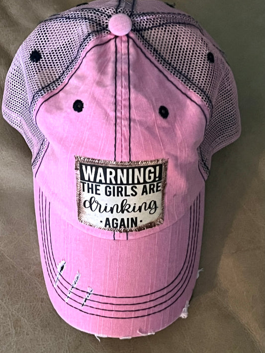 Warning the Girls Are Drinking Again Distressed Ball Cap in Pink