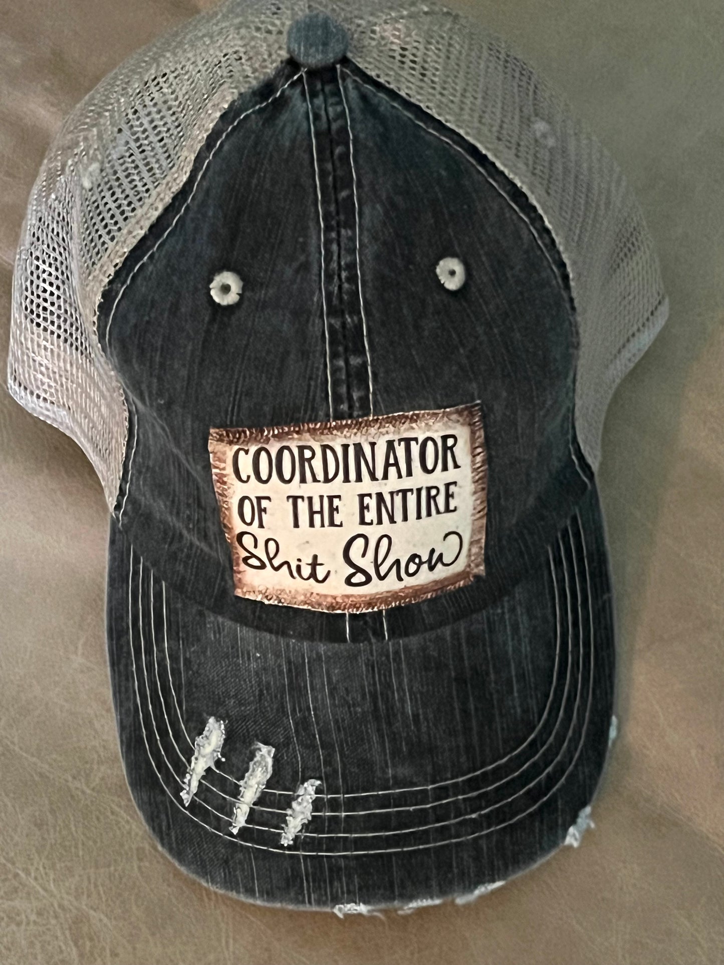 Coordinator of the Entire Shit Show Distressed Ball Cap in Charcoal and Tan