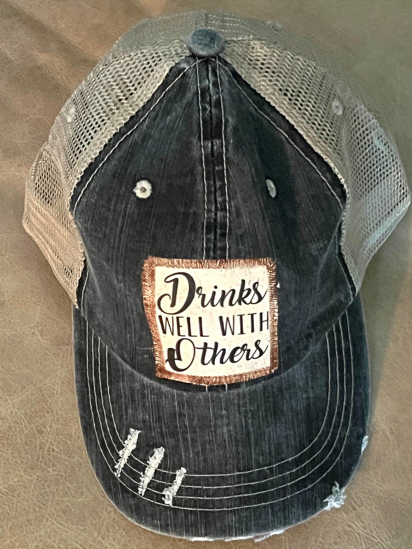 Drinks Well With Others Distressed Ball Cap in Charcoal and Tan