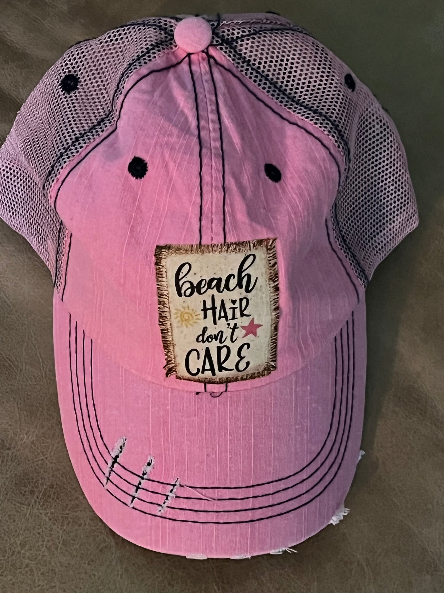 Beach Hair Don't Care Distressed Ball Cap in Pink