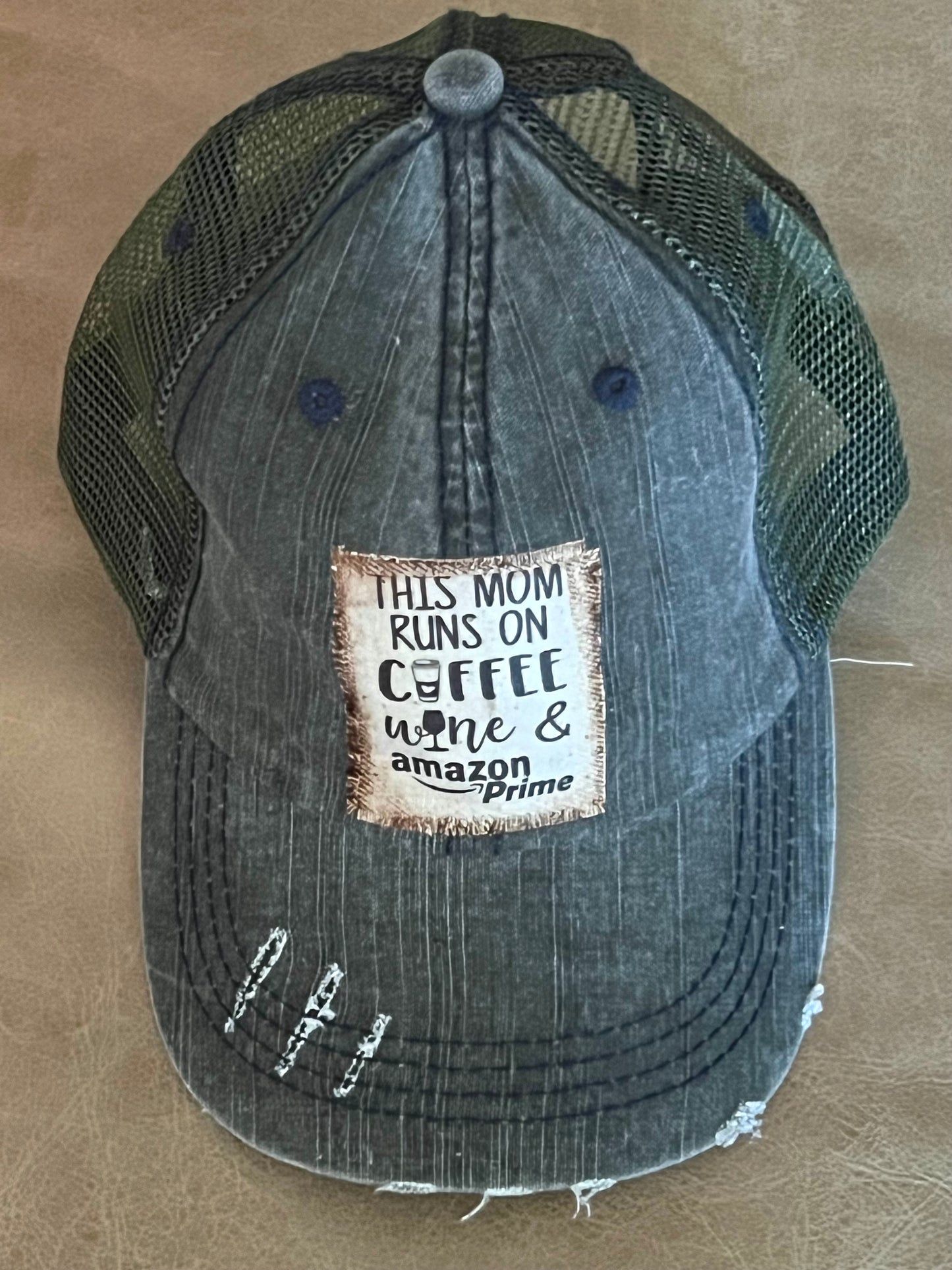 This Mom Runs on Coffee Wine and Amazon Prime Distressed Ball Cap in C ...