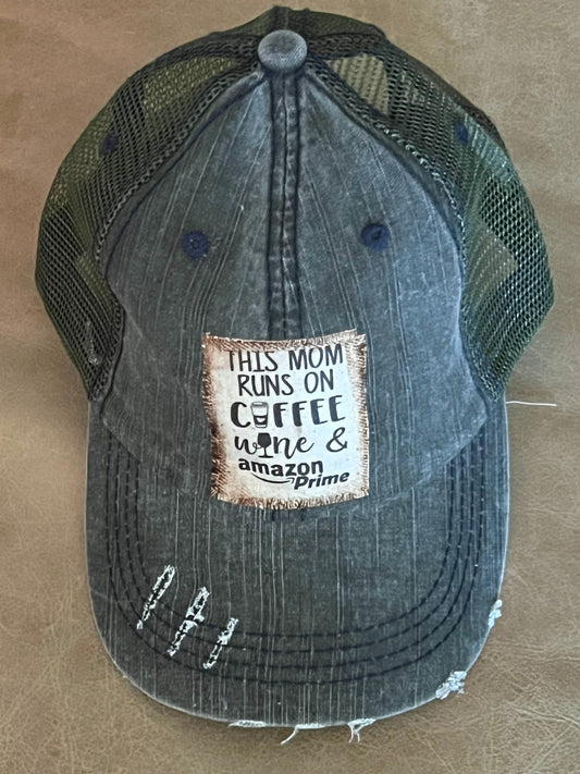 This Mom Runs on Coffee Wine and Amazon Prime Distressed Ball Cap in Charcoal