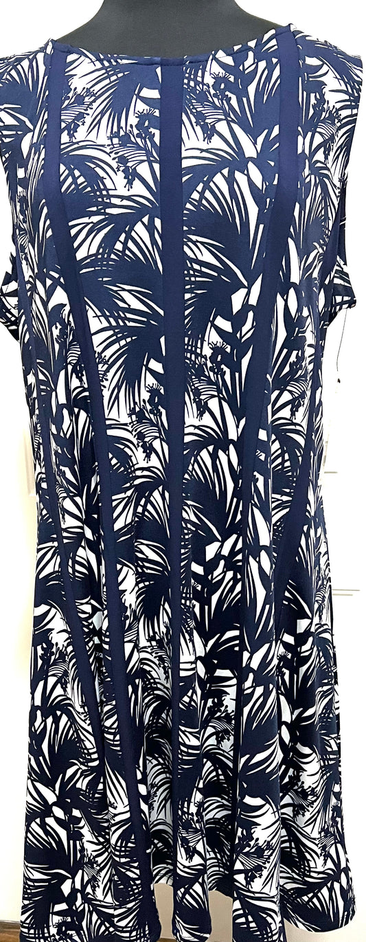 Sleeveless Navy Palm Print Dress