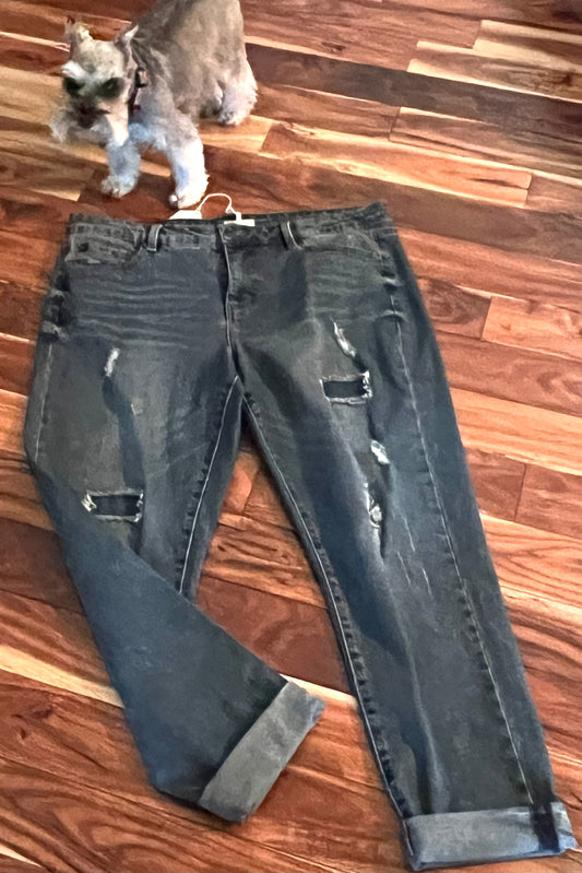 Vintage Boyfriend Distressed Tribal Jeans in Charcoal