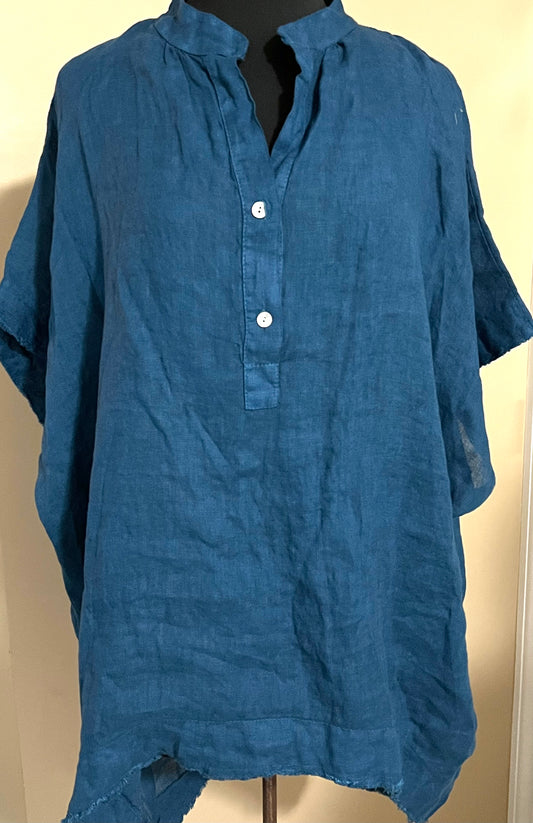 Deep Teal Raw Edge Linen Short-Sleeved Tunic Top