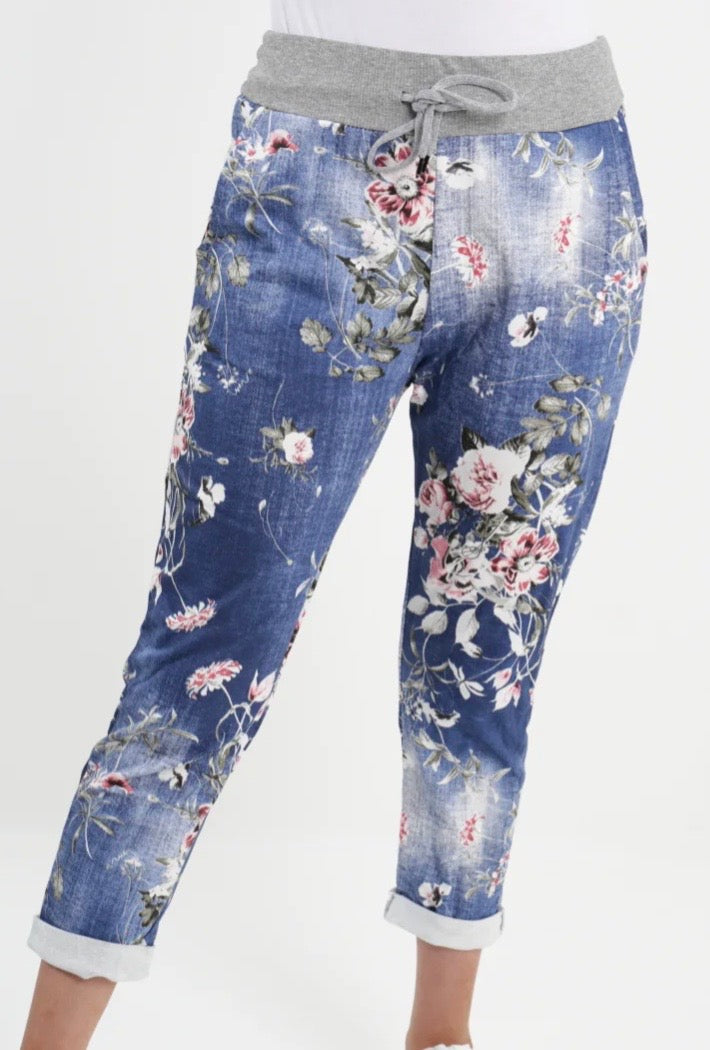 Italian Leaf Floral Cotton Jogger in Dark Wash Blue