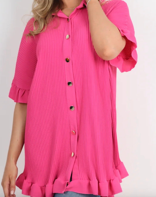 Italian Pleated Oversized Shirt in Hot Pink