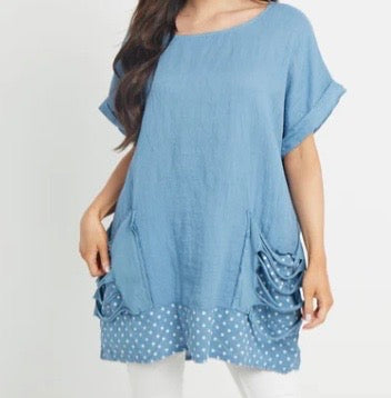 Italian Linen Ripped Pockets Polka Dot Top in Denim