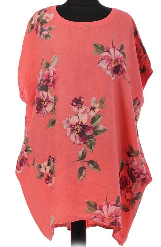 Italian Linen Floral Baggy Top in Coral