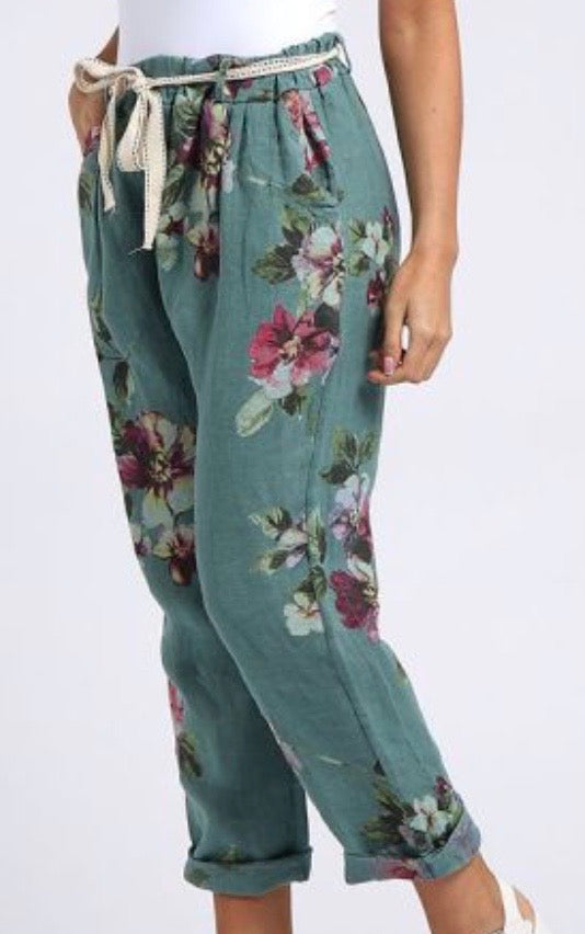 Italian Floral Print Linen Trouser in Teal