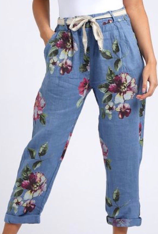 Italian Floral Print Linen Trouser in Blue