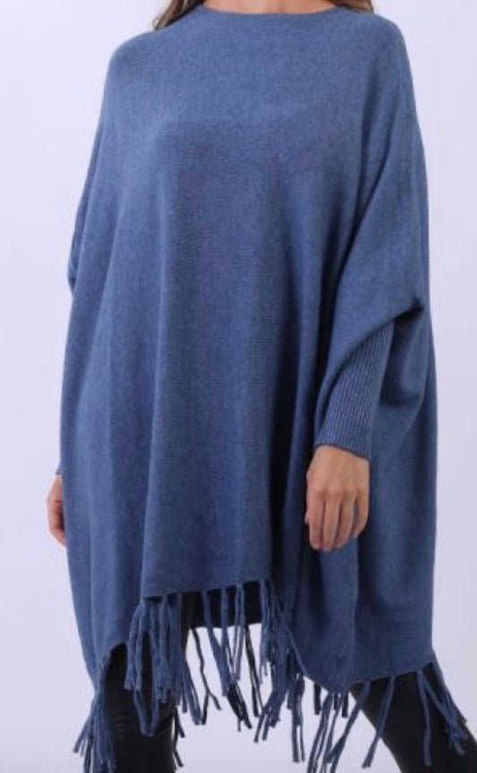 Fringed Hem Knitted Sleeved Poncho