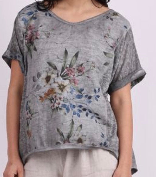 Mineral Washed Floral Print Top in Charcoal